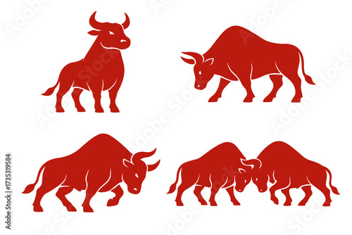 Bull logo design set. Red ox silhouettes. Chinese new year zodiac symbol. Stylized vector icons of standing, charging, and fighting bulls. Power, strength, and finance concept.