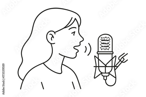 Podcast concept with girl speaking in microphone. Female radio host, streamer, singer. Face in profile. Audio recording, broadcast, interview session. Vector linear illustration.