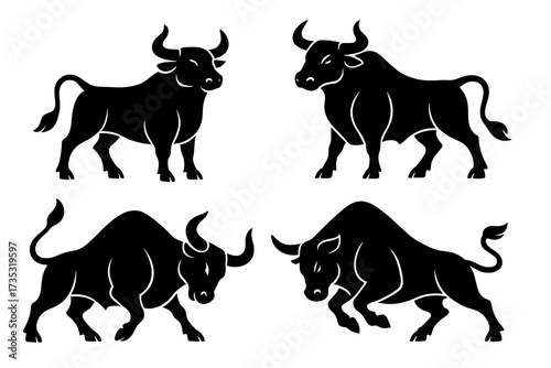 Bull logo designs set. Stylized silhouettes of standing and attacking bulls. Ox, Chinese new year symbol. Vector icons for taurus zodiac, financial market, power symbol.