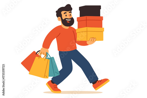 Bearded man on a shopping spree, carrying colorful bags and gift boxes. Black Friday sale concept with happy male customer enjoying discounts. Shopaholic character vector illustration.