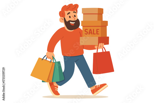 Happy bearded man on a shopping spree for Black Friday sale. Cheerful male buyer carrying boxes and bags. Shopaholic character enjoying retail discounts holding many purchases.