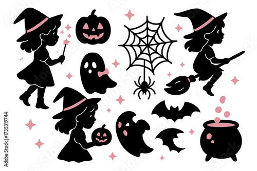 Halloween sticker set witch girl silhouette collection. Cute spooky icons. Magic pumpkin, ghost, spider, bat, cauldron. Girlish black pink vector. Flat design elements for kids.