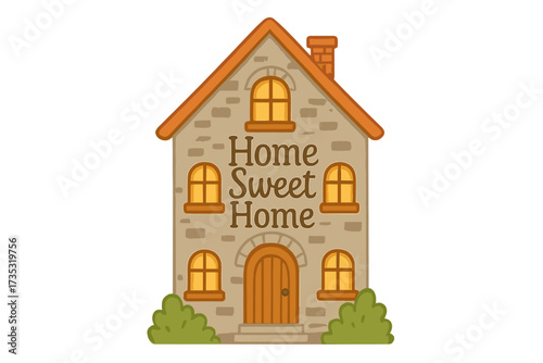 Home sweet home inscription on a stone house facade. Cute vector illustration. Traditional building concept. Cozy cottage cartoon for real estate, family life, and comfort.