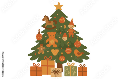 Cozy hygge Christmas tree with gifts and vintage toys. Cute childish hand-drawn vector illustration for winter holidays. Decorated fir with teddy bear, rocking horse, and baubles.