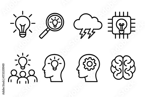 Innovation line icons. Creativity, finding solution, brainstorming, technology, teamwork, inspiration, creative thinking. Lightbulb, brain and head symbols. Vector icon set.