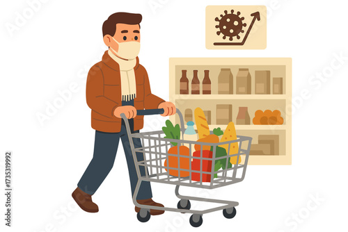 Man in face mask shopping in supermarket. Coronavirus pandemic, second wave concept. Customer with groceries in cart, health protection, quarantine, and panic buying vector.