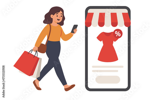 Online shopping concept. Woman buying clothes on sale via mobile app. Young girl with shopping bags using smartphone for e-commerce. Black Friday discount promotion vector.