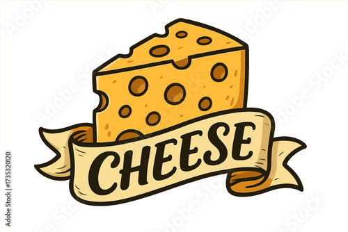 Cheese lettering on a banner. Hand-drawn cartoon vector icon of a Swiss cheese wedge. Vintage retro food logo for dairy products, gourmet shop, or restaurant menu design.
