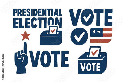Presidential Election vector icon set. Vote concept with ballot box, USA flag, and check mark. Hand drawn patriotic American political campaign grunge illustration elements.