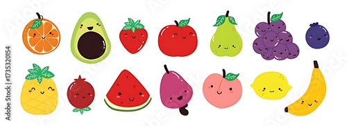 Cute kawaii fruit and vegetable characters with happy faces