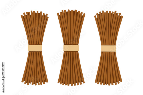 Raw buckwheat soba noodles isolated. Three bundles of traditional Japanese pasta. Dry uncooked soba for healthy Asian food dishes. Cuisine ingredient vector illustration concept.