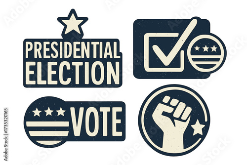 Presidential Election vote icon set. Vector hand drawn grunge illustration. Political campaign sticker collection with checkmark, ballot box, and raised fist protest symbol.