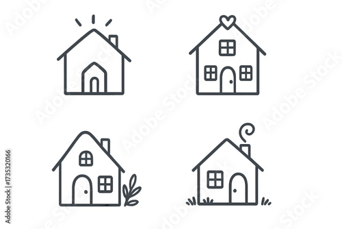 Home sweet home concept. Set of cute hand drawn house icons. Vector illustration for logo, label, or real estate design. Simple line art property and building symbols.