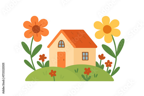 Cute cartoon house on a green hill with big colorful flowers. Home sweet home concept for greeting card. Flat vector illustration of a small building in a summer garden or meadow.