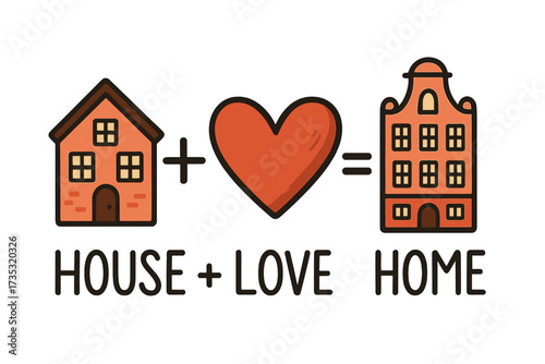 House plus love equals home concept. Hand lettering typography for housewarming card. Dutch canal house vector illustration. Real estate, family, moving and new home concept.