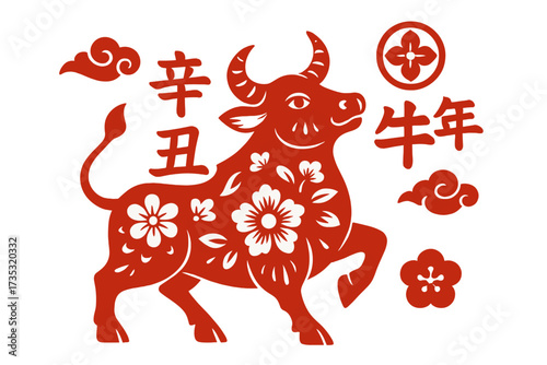Chinese zodiac Year of the Ox. Red paper-cut bull with flowers and calligraphy for Chinese New Year. Asian astrology symbol, oriental horoscope vector illustration, lunar new year.