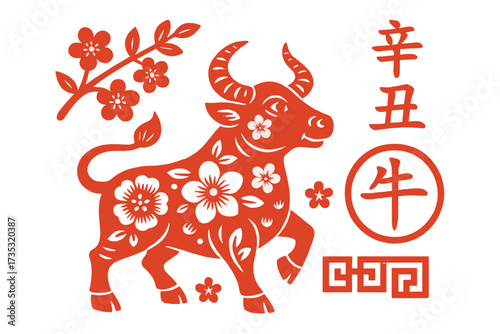 Chinese zodiac sign Year of the Ox. Red paper-cut bull with flowers and hieroglyphs. Happy Chinese New Year greeting. Oriental horoscope animal symbol vector illustration.