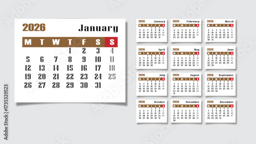 2026 Yearly Calendar Template with Monthly Layout Isolated