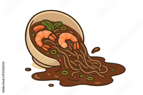 Spilled soba noodle soup, a Japanese dish with noodles, shrimps, and vegetables. Asian cuisine concept. Buckwheat noodle bowl spilling. Cute vector cartoon illustration of a food mess.