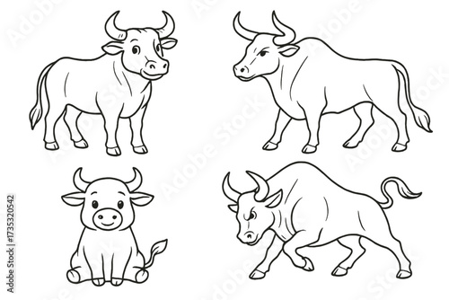 Bull and ox set linear sketch collection. Hand drawn vector illustration for coloring book. Chinese new year zodiac symbol. Cute calf, angry charging taurus and farm animal.
