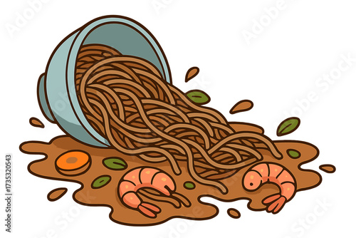 Spilled soba noodle soup, a Japanese dish with buckwheat noodles, shrimps and vegetables. Messy food concept illustration. Asian cuisine bowl. Cute vector cartoon drawing.