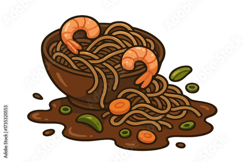 Spilled soba noodle soup, a messy but cute vector illustration of a Japanese dish. Asian cuisine concept with buckwheat noodles, shrimp, and vegetables in a bowl. Funny food accident.