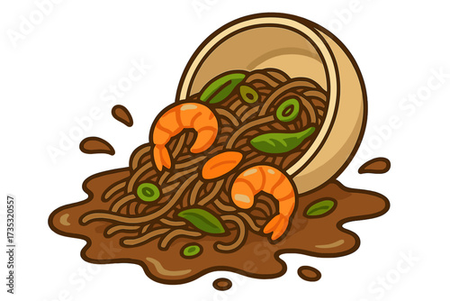 Spilled soba noodle soup with shrimp, a Japanese dish with buckwheat noodles and vegetables. Asian cuisine concept. Messy food accident. Cute vector cartoon illustration.
