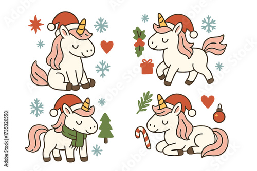 Christmas unicorn character set. Cute hand drawn magic pony collection in Santa hats for winter holidays. Vector illustration for greeting card, sticker, or festive clipart.