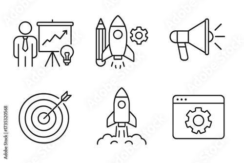 Startup business line icon set. Vector collection for web design. Includes rocket launch, creative idea, marketing, target, development, presentation, and SEO concepts.