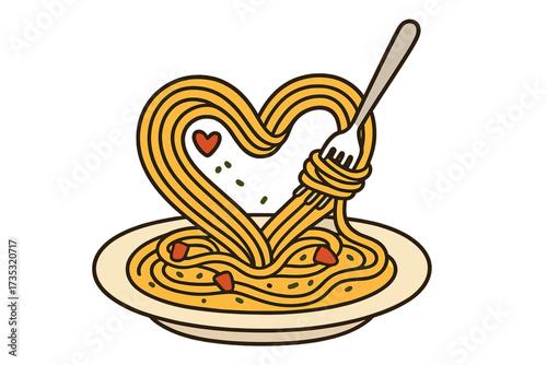 Spaghetti pasta in a heart shape on a plate with a fork. Love cooking concept. Romantic dinner symbol. Italian food icon. Vector cartoon for a restaurant menu or a card.