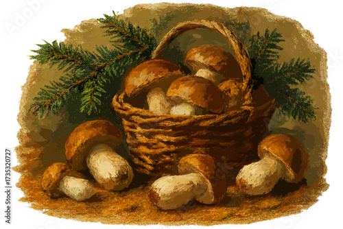 Realistic oil painting still life with gourmet porcini mushrooms in a rustic wicker basket. Autumn forest harvest of boletus edulis with fir branch. Organic food concept.