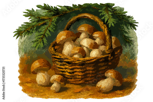 Still life with white mushrooms. Oil painting of boletus in a basket under fir branches. Autumn forest mood. Vector illustration of a fall harvest. Gourmet organic food.