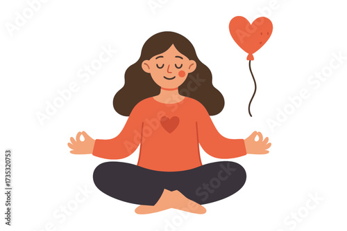 Love yourself concept. Self-care and mental health. Happy woman meditating in lotus yoga pose. Calm girl relaxing for body and mind harmony. Doodle character with heart balloon.