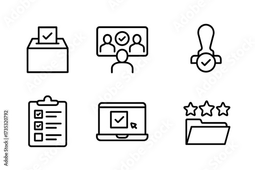 Voting and election icon collection in thin line style. Vector icons for ballot, poll, survey, checklist, candidate choice, online voting, approval stamp, and customer feedback.