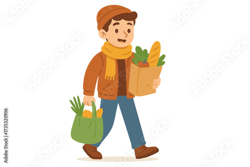 Young man in autumn clothes shopping for groceries. Happy cartoon character walking with a paper bag and reusable eco tote filled with fresh healthy food, bread and vegetables.