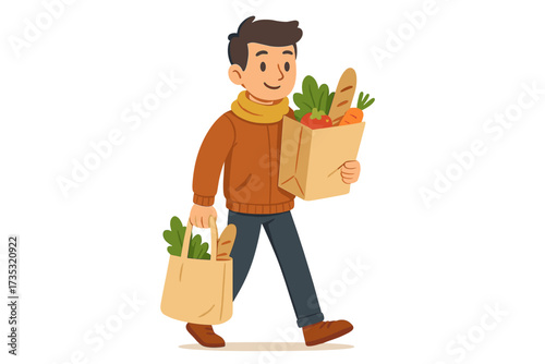 Young man carrying groceries in paper and reusable eco friendly bags. Cartoon character shopping for healthy food, vegetables and bread from a market or store. Flat vector illustration.