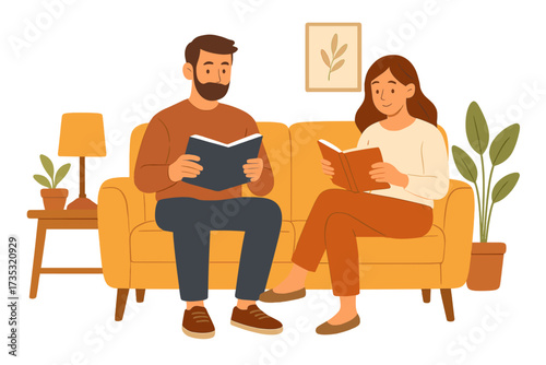 Couple reading books together on the couch. Man and woman relax at home with a book. Family leisure time and hobby. Cozy home interior lifestyle. Vector flat illustration.
