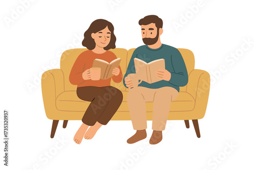 Couple reading books on a sofa. Man and woman at home relaxing on a couch with tea. Cozy mood, hobby leisure concept. Book lovers lifestyle. Relationship togetherness. Hygge.