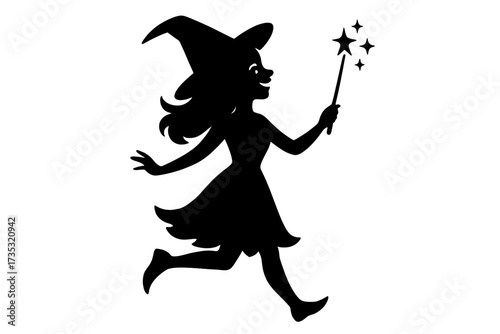 Witch silhouette holding magic wand with stars. Cute happy girl running in a Halloween costume. Magical sorceress character. Fantasy vector icon for party celebration.