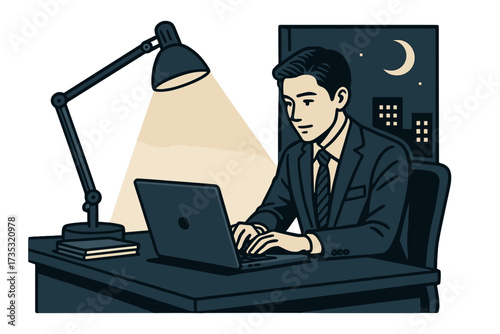 Businessman working late at night in office on laptop. Concept of overtime, dedication, and deadline. Professional employee focused on computer screen under lamp light.
