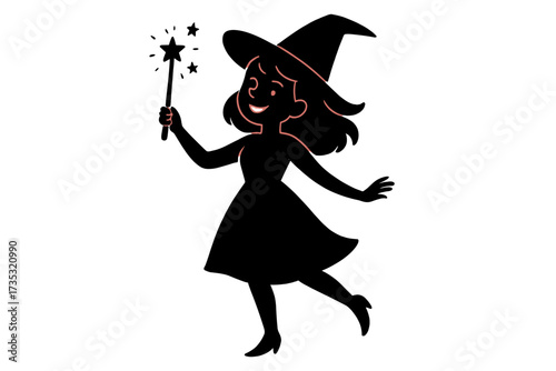 Happy witch silhouette holding a magic wand. Young sorceress casting a spell. Cute girl character for Halloween card or banner. Magical fantasy witchcraft concept vector art.