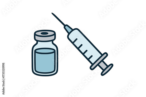 Medical vaccine and syringe icon. Jab shot for immunization and vaccination. Coronavirus COVID-19 treatment concept. Flat vector illustration for healthcare and medicine.