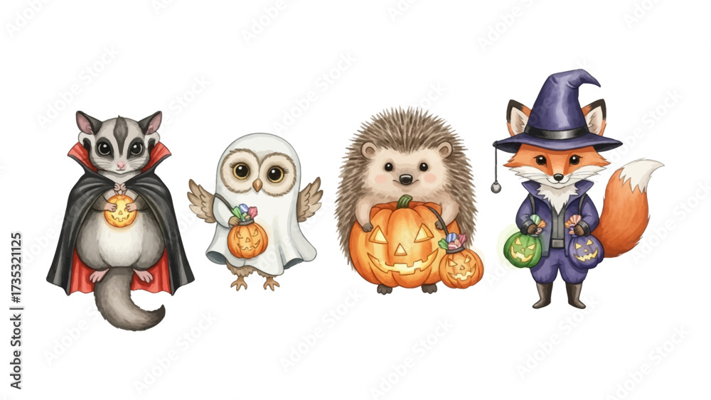 Fototapeta premium Whimsical Halloween Animals Gathering: A delightful watercolor illustration showcases a charming scene where a sugar glider, owl, hedgehog, and fox are dressed up in Halloween costumes with pumpkins.