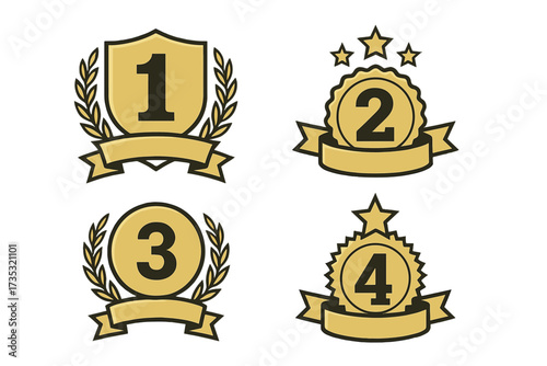 Gold award badges set with laurel wreaths and stars, first to fourth place medals, championship icons with ribbons, victory and ranking symbols vector illustration