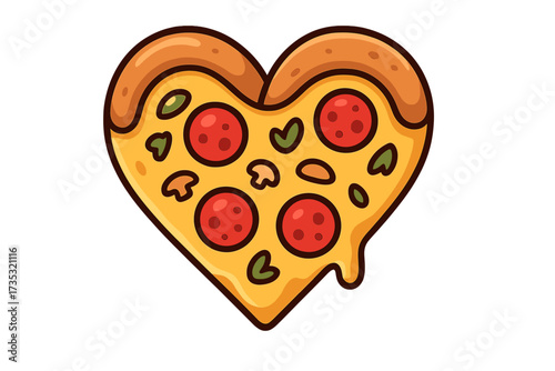 Pizza love concept vector illustration. Heart shaped cartoon pizza slice icon. Fast food symbol for pizzeria menu, delivery service, Valentines Day card, poster or banner.
