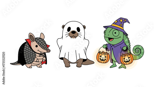 Halloween animals: adorable creature dressed in Halloween costumes, armadillo with bat costume, otter as a ghost and chameleon as witch.