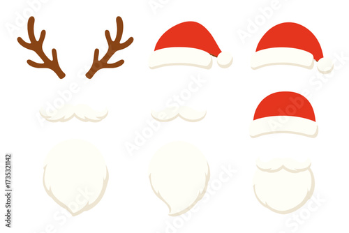 Christmas character face constructor. DIY Santa Claus and reindeer kit. Vector elements for creating a person with hat, beard, mustache, and antlers. Holiday photo booth props.