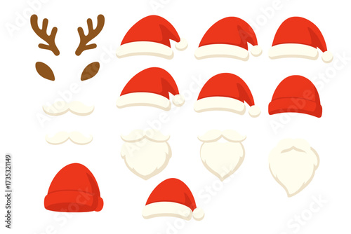Christmas character constructor to create a Santa Claus or reindeer face. DIY avatar generator with cartoon hats, beards, mustaches, and antlers. Vector set for party fun.