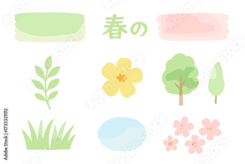 Set of watercolor spring nature elements with flowers, leaves, grass, trees, and sky background, delicate floral botanical vector illustration, transparent background