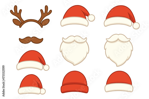 Christmas character constructor for Santa Claus face. DIY vector kit with hat, beard, mustache, and reindeer antlers. Cartoon photo booth props elements set for holiday design.